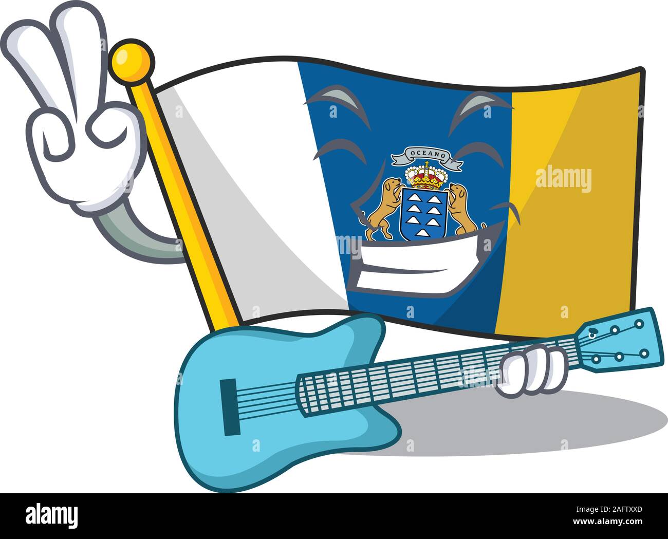 Coole Flagge kanarische Insel Blättern cartoon Leistung mit Gitarre Abendmahl Stock Vektor