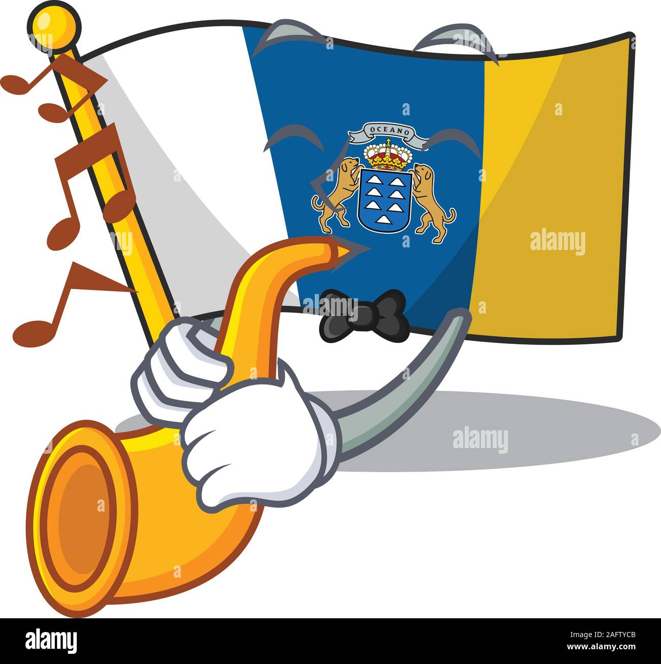 Flagge kanarische Insel Blättern Cartoon Character Design Performance mit Trompete Stock Vektor