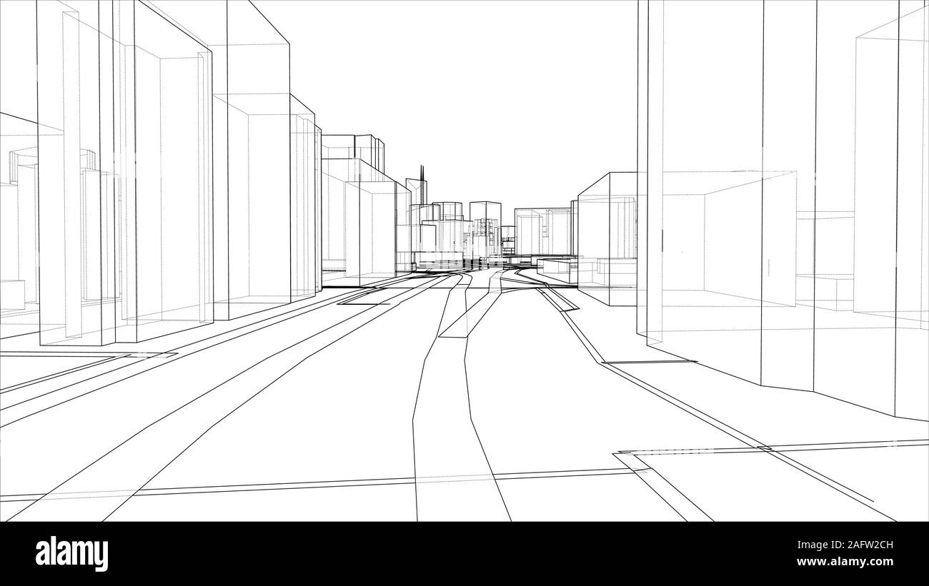 Eine schematische Zeichnung oder Skizze eines 3D-Stadt mit Gebäuden und Straßen. Umrisse Stil. 3D-Illustration Vektor. Bauindustrie Konzept Stock Vektor