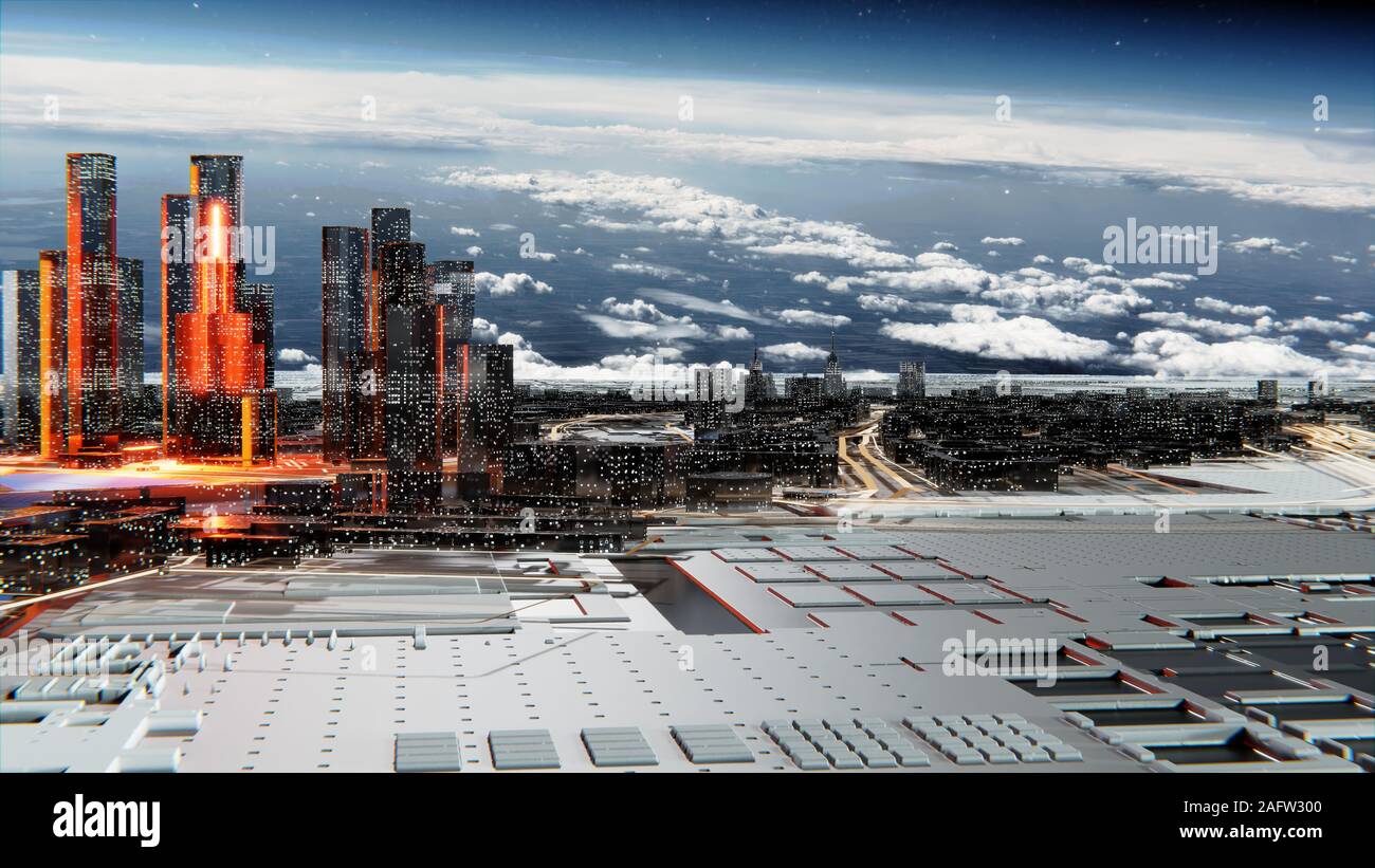 Futuristische Glas Stadt mit leuchtenden Fenstern. Leuchtende Straßen und helle Blitze zwischen den Häusern. Sternenhimmel atmosphärischen Himmel im Hintergrund. 3D-illustrati Stockfoto