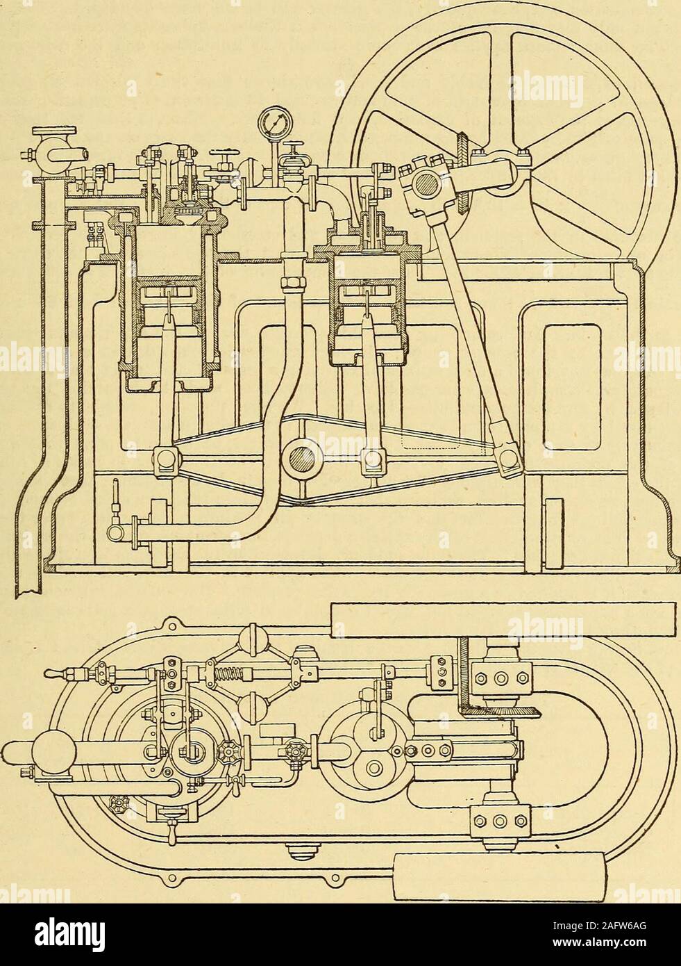 . Ergänzung zu Spons Wörterbuch von Engineering-, Zivil-, mechanische, Militär und Marine. e Auslassventil in der Oberseite des Zylinders ist geöffnet und ist geschlossen, kurz bevor der Kolben den bis Anschlag beendet. Am unteren Teil des Motors sind zwei, Temperguss, Rohren, Behältern. Eine dieser ist ein Regler, zur Vermeidung von zu großen Schwankungen des Luftdrucks verwendet, während die othercontains ein Speichern der hoch komprimierte Luft, die für das Anlassen des Motors statt ofgiving das Schwungrad drehen, verwendet werden können. Sprengstoff. 605 Die Pleuel sind auf der Arbeitskolben und Luft-Pu gekoppelt Stockfoto