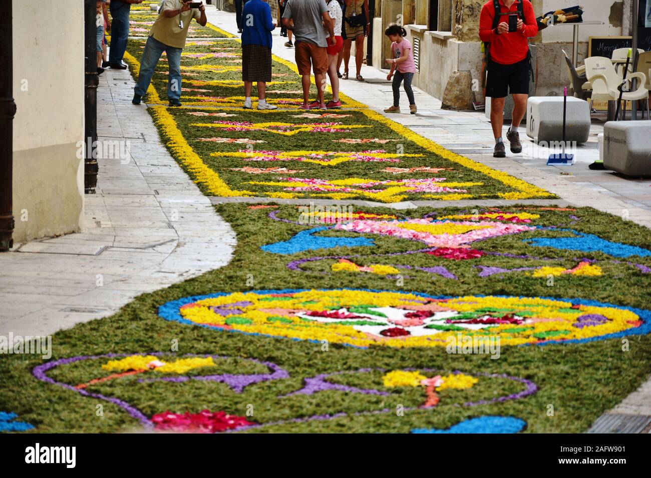 Straße mit Blumen an der Corpus Christi Festival eingerichtet Stockfoto