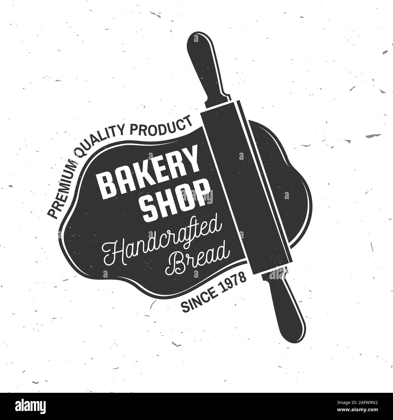 Bäckerei. Vektor. Konzept für Abzeichen, T-Shirt, Aufkleber, Druck, Stempel oder T-Stück. Typografie Design mit Rolling Pin, Text, Teig Silhouette. Vorlage für Restaurant Identität Objekte, Verpackung und Menü Stock Vektor