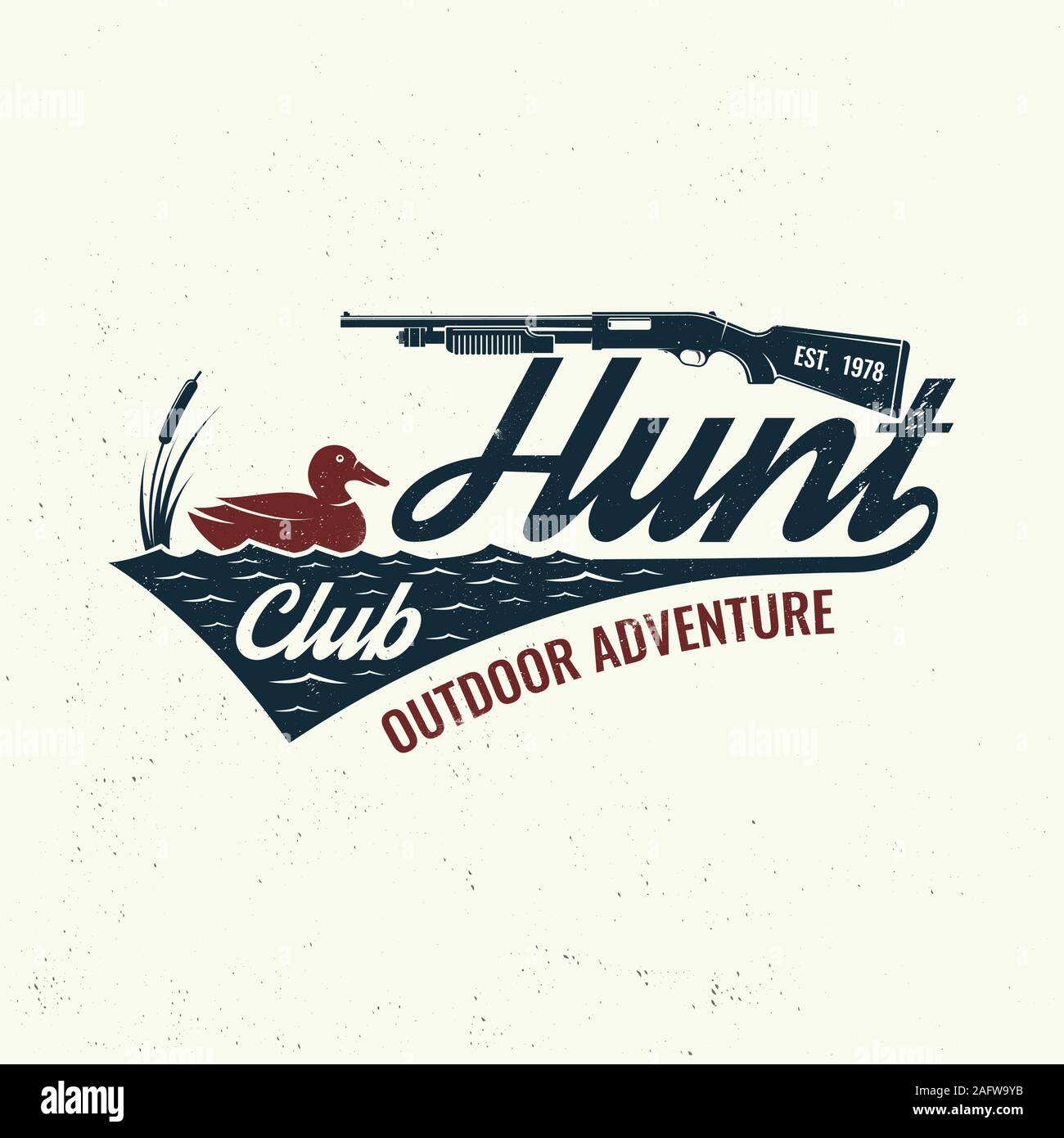 Hunting Club Abzeichen. Vector Illustration. Konzept für Hemd oder Label, Print, Stempel, Badge, T-Stück. Vintage Typografie Design mit Ente auf dem Wasser Silhouette. Outdoor Adventure Hunt Club Emblem Stock Vektor
