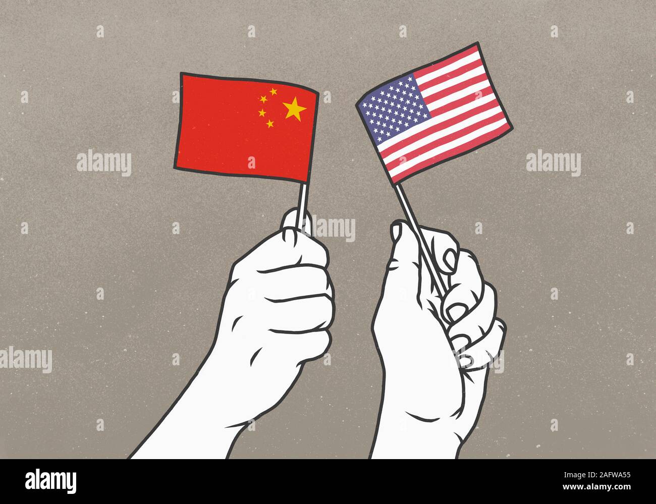 Hände winken kleine amerikanische und chinesische Flaggen Stockfoto
