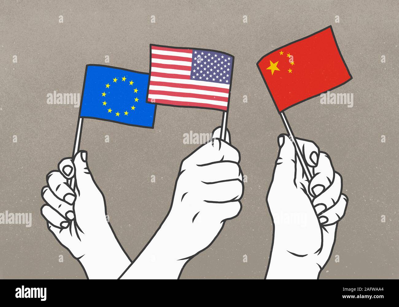 Hände winken kleine Europäische Union, amerikanischen und chinesischen Flaggen Stockfoto