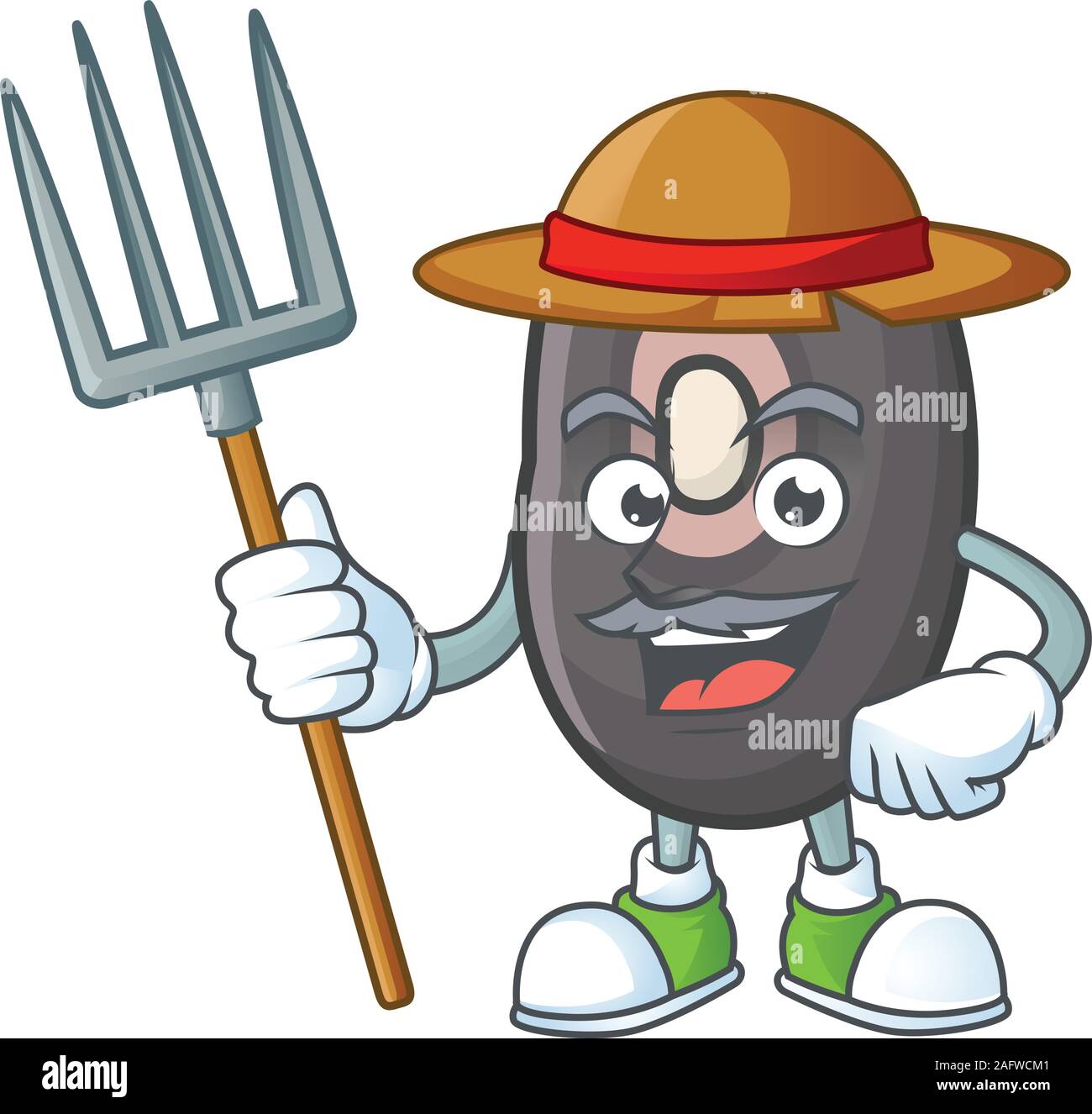 Happy Farmer schwarze Bohnen cartoon Maskottchen mit Hut und Tools Stock Vektor