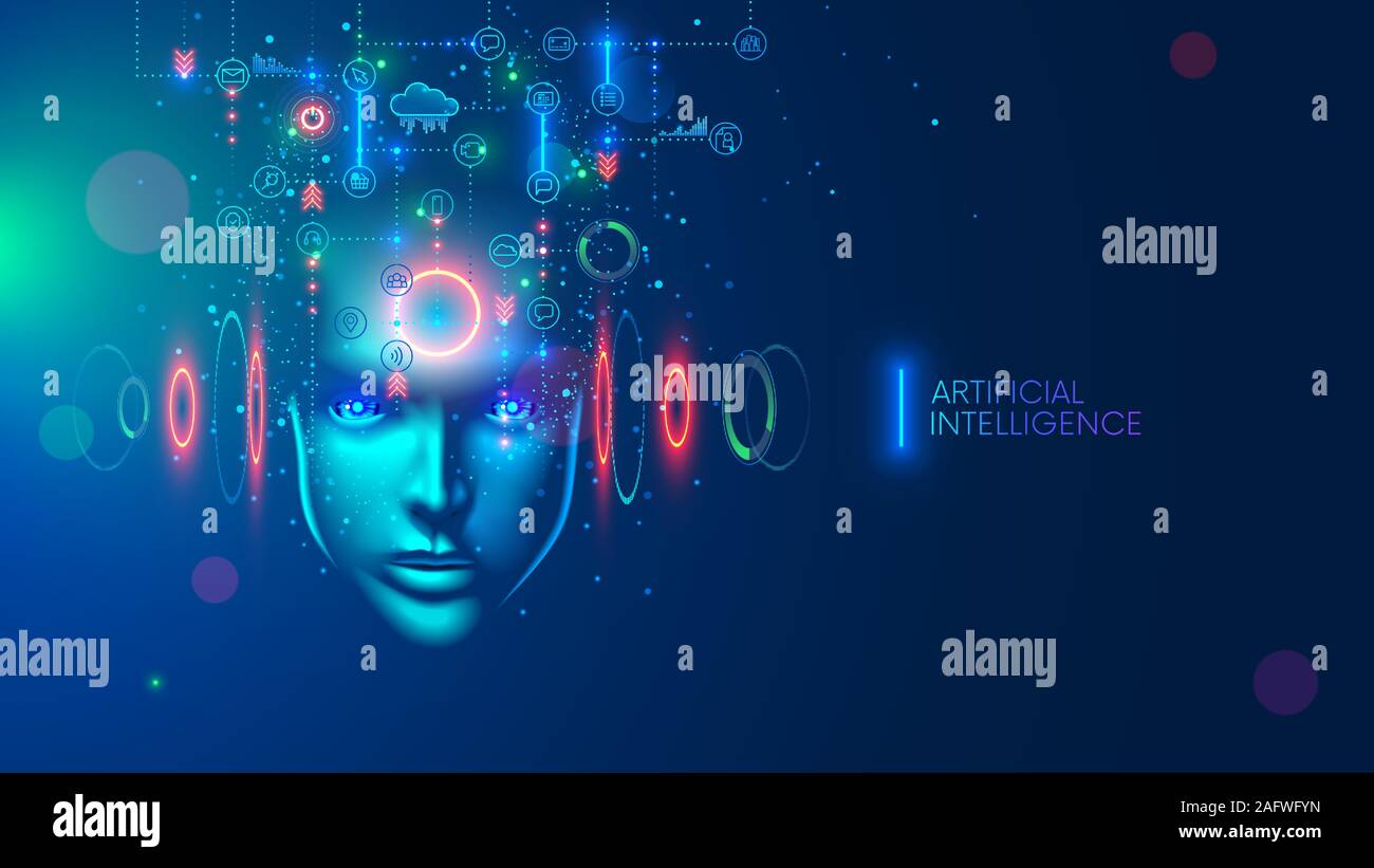 Künstliche Intelligenz in das Bild einer weisen Frau. AI konzeptionelle futuristische blaue Fahne. Kybernetik verstand Analyse Daten. Neuron Netzwerk Prozesse Stock Vektor