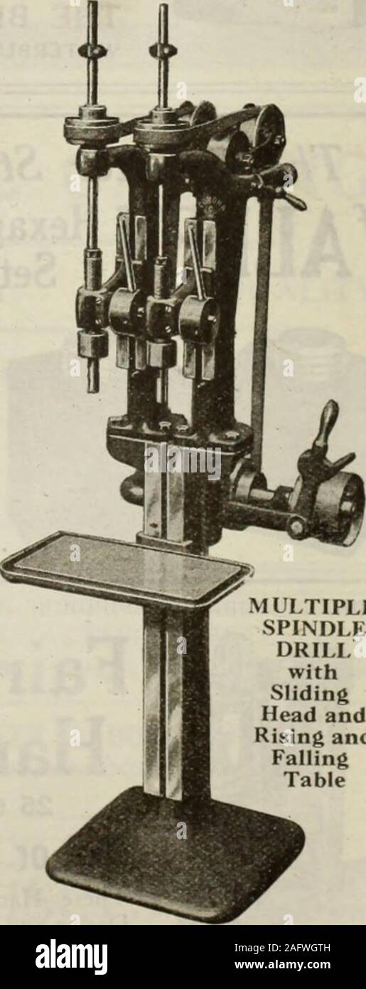 . Kanadische Maschinen und Metallverarbeitung (Januar-Juni 1919). Zwei Tasten und einem additionalslot Lor cottering nach oben Bars etc., graduierte Rack bushesmade von Bar, gesäumt mit Gun Metal und Zähne schneiden fromsolid; zurück geai Zahnstangen, Kegelräder und Vorschub fahren pinionsare aus Stahl und sind genau der Maschine geschnitten. Die Tischbohrmaschine wir isentirely selbst illustrieren - enthalten; es hat twodriving Tasten, großer Durchmesser pul-leys, graduierte Stahl rack Bush, verstellbare feed Griff und willefficiently und rasch Bohrungender % drill-Zoll Durchmesser. Diese modelwill außergewöhnlich Con-komfortablen für arr gefunden werden Stockfoto