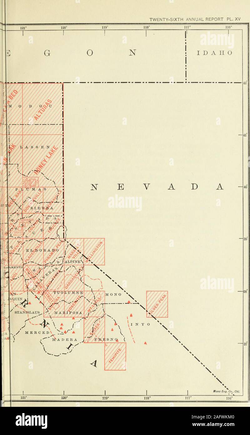 . Jahresberichte des Departement des Innern 1905. 127 126° 125° KARTE VON KOBTHERK CALIFOKlSnA, SHOWIITG PBOGEESS SECHSUNDZWANZIGSTER JAHRESBERICHT PL. Xv. | yj TOPOGRAFISCHE SURVEYIN ^G UND PBIMARY CO] S^TROL WERK DES JAHRES TOPOGRAFISCHE ZWEIG. 147 West Virginia. - Fünf Innenhöfe, die Teile der Grafschaften von Braxton, Calhoun, Jackson, und Roane, wurden von Herrn C.A. Clunet, Field assistant Triangulierten; 22 neue Stationen besetzt waren und 3 Punkte waren locatedby Kreuzungen. Wisconsin. - Für die resurvey von zehn 15-minütige Quad-core-rangles in den Grafschaften von Jefferson, Kenosha, Racine, Walworth, und Wauke Stockfoto