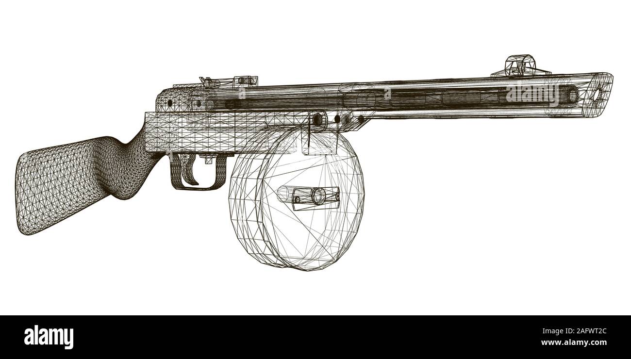 Drahtmodell Maschinenpistole Shpagin. Sowjetische alten Maschinengewehr. Anzeigen Perspektive. 3D. Vector Illustration. Stock Vektor
