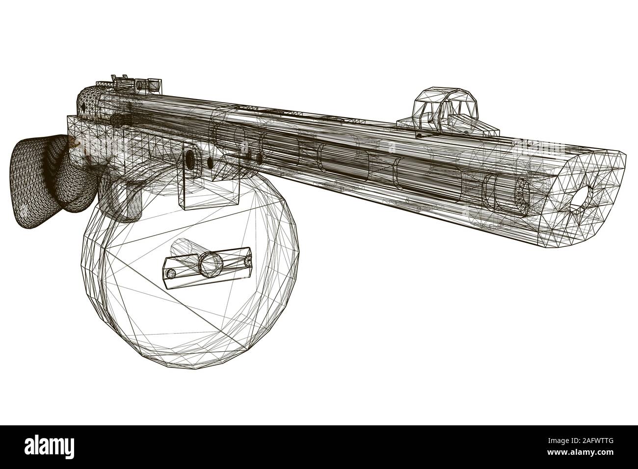Drahtmodell Maschinenpistole Shpagin. Sowjetische alten Maschinengewehr. Anzeigen Perspektive. 3D. Vector Illustration. Stock Vektor