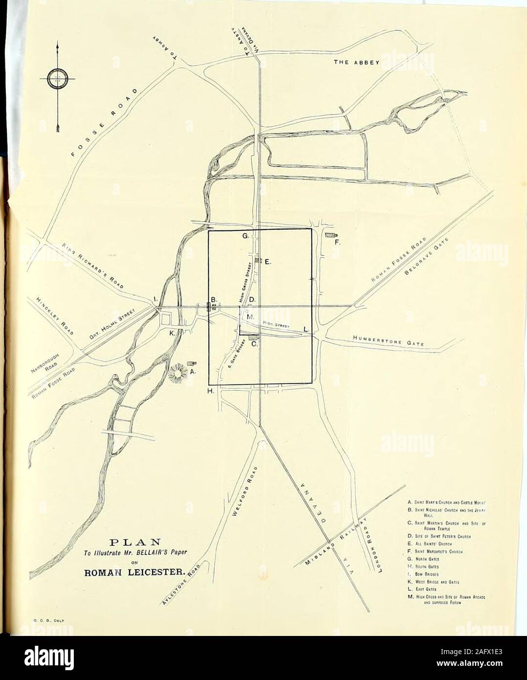 . Transaktionen des Leicestershire architektonischen und archäologischen Gesellschaft. h genug für Männer auf dem Rücken eines Pferdes zu passieren, oder für Waggons durch angetrieben zu werden. (AtBorcovicus Housesteads), an der Wand des Hadrian, der westerngateway hat zwei Portale oder Passagen, und die Außenseite ist levelwith die Wand der Station, wie in diesem Fall. Ich darf erwähnen, dass Ratae war, es sein soll, gebaut oder foundedabout der Zeit von Hadrian, aus der Tatsache der Römischen milestonein unsere lokalen Museum, das ihm gewidmet wird. Herr Thompson alsoconjectures (mit großer Wahrscheinlichkeit, in Höhe von fast zur Gewissheit) t Stockfoto