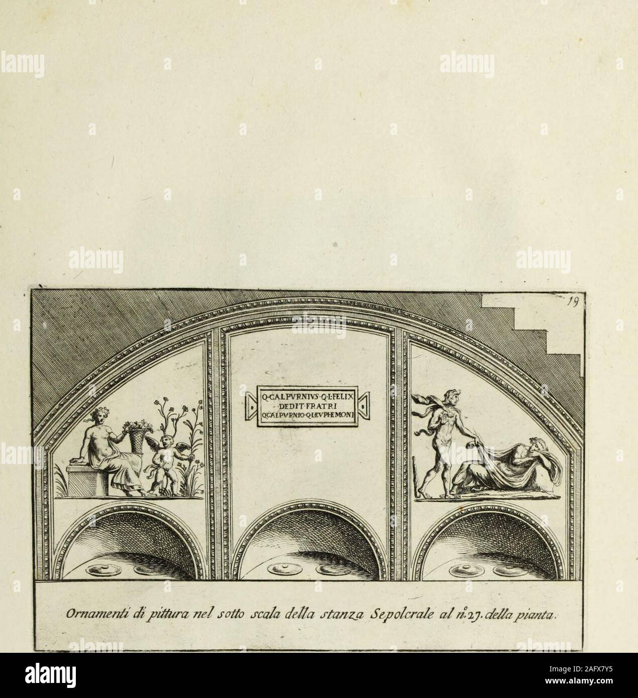 . Gli Antichi sepolcri, ovvero, Mausolei trovati in Roma romani Etruschi ed Ed in altri Luoghi celebri: nelli Quali si contengono molte gelehrten Memorie. Tauimento cUmusaico bianco, e itero ne, Della sepolcri VUla Corsmg al nuy dellapia/ita dù Afusaico Pauimento di di/Ersi colori In camjoo lianco. ne Sepolcri della Villa Corona al/i. iq, tlellapianta Ih Roma appresso-le Stampe di Domenico De Rossi alla. Tempo*Con Pruni. Stockfoto