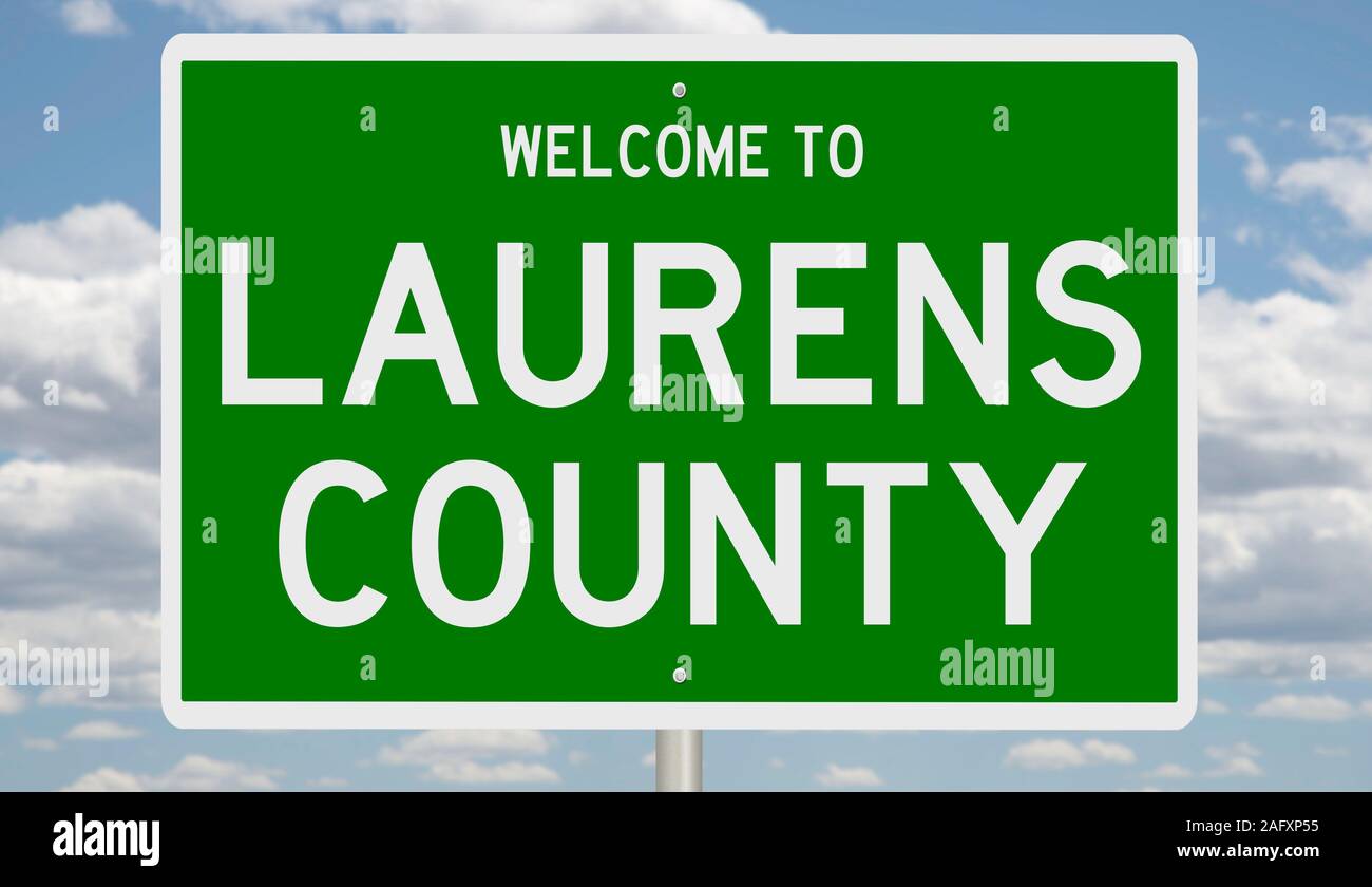 Rendering von einem grünen 3d Autobahn Zeichen für Laurens County Stockfoto