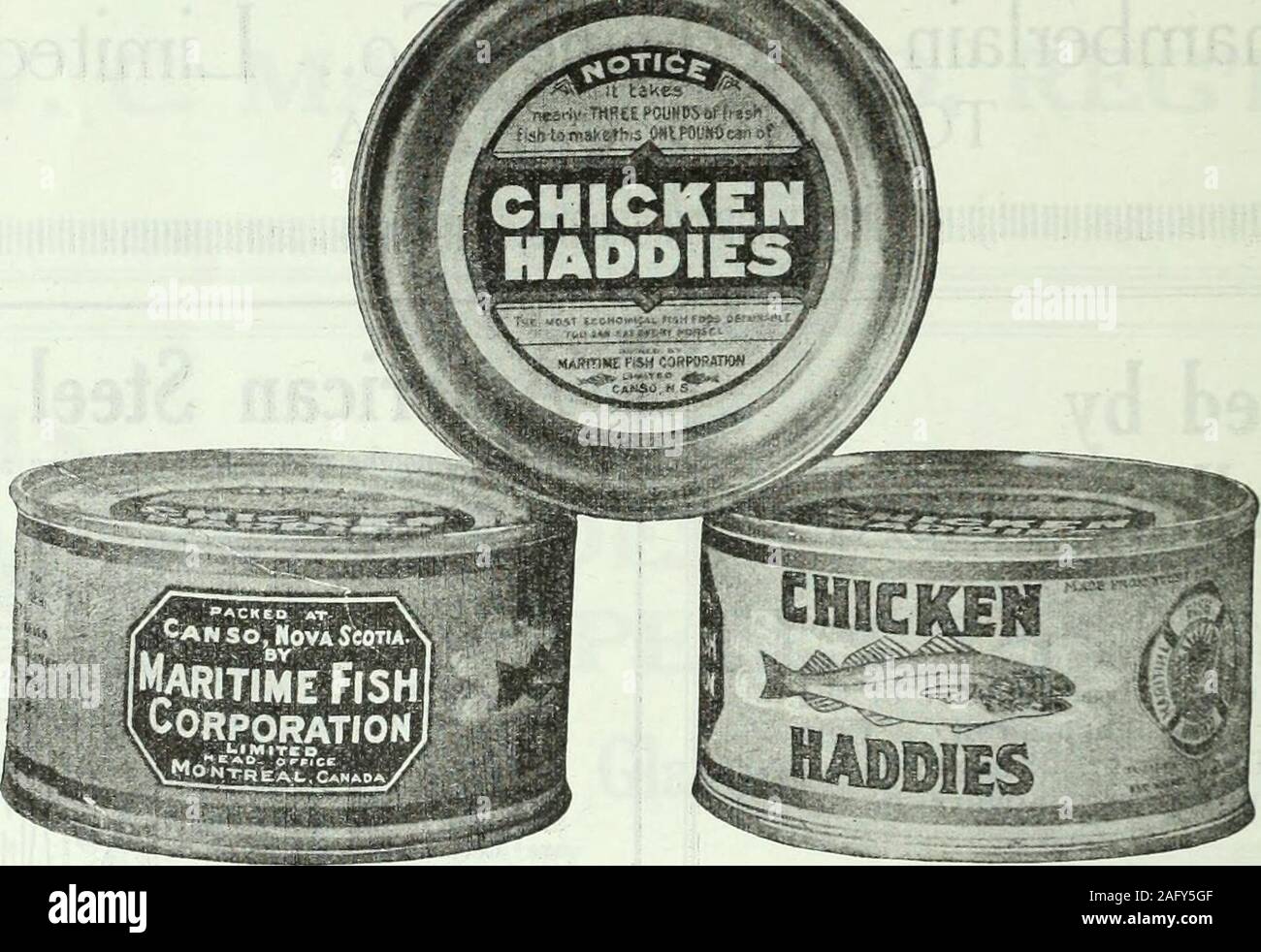 . Kanadische Lebensmittelhändler Januar-März 1919. W. J. KAMMERN & Co. Alleinige Agenten, 43 Scott Street, Toronto 72 C A N A D A I N (1 HOC E R März 28, 1919 Chicken (LILY MARKE) Haddies (registriert) HABEN SIND GUT, r* £ N hatte * X^EINGETRAGENE V // Joh. Warum! Weil sie von Prime ausgewählte junge Fisch gemacht, caughtin die kühlen Tiefen des Atlantischen Ozeans und in wenigen hoursare in sauberem Pergament wrapper umhüllt und verpackt inhermetically verschlossenen Behältnissen. So kommen Sie zu Ihrem storepure und appetitlich, bereit zu verkaufen - auf Canso, N. S. verpackt, von der MARITIME FISCH CORPORATION LIMITED Head Office & Sales Dept Stockfoto