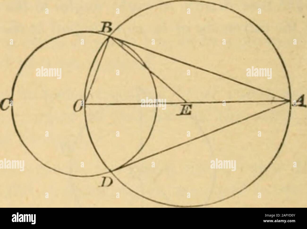 . Elemente der Geometrie: enthält Bücher I bis III. Lassen Sie ABC ein ©, von denen das Zentrum O ist, und der Durchmesser durch B zeichnen DE im rechten Winkel zu einem OB werden. I.11. Dann muss DE bt eine Tangente zu Th? Nehmen Sie einen beliebigen Punkt P in DE, und OP. Dann, V OBP ist ein rechter Winkel,..  OPB ist weniger als einen rechten Winkel, I.17. und.. OP ist größer als-ob. I.10. Daher P ist ein Punkt ohne Th • Die ABC-Funktion. F-Tn th^ gleichen wav es gezeigt werden kann, dass jeder Punkt 7 oder U 2 £ in tither Richtung erzeugt wird, mit Ausnahme der Punkt B, - ohne die •: DE ist eine Tangente zur r. Di f. &; O. E.D.! 44 El CI-IPS F. IEMENTS, [Buch III. Propo Stockfoto