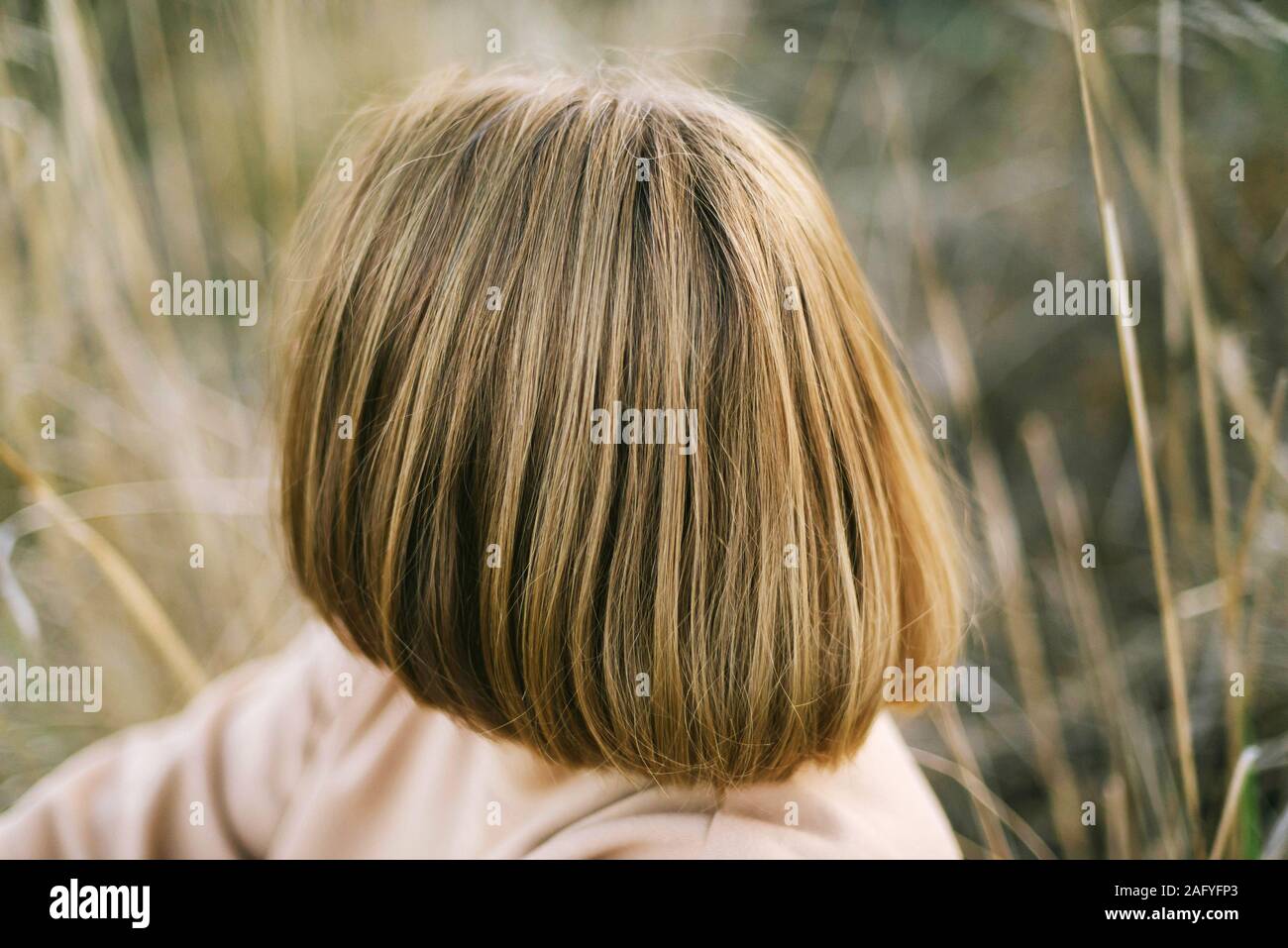 Porträt einer 40 Jahre alten Frau sitzt auf trockenem Gras im Freien Stockfoto