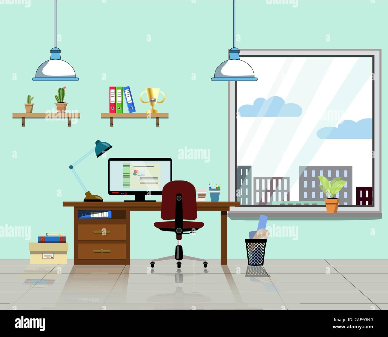 Büro Arbeitsplatz mit Tisch, Bücherregal, Fenster mit Haus Anlage. Moderne Computer, Tisch, Lampe, Regale und alle Office Tabelle Personal für die Arbeit. Flache Vektor Stock Vektor