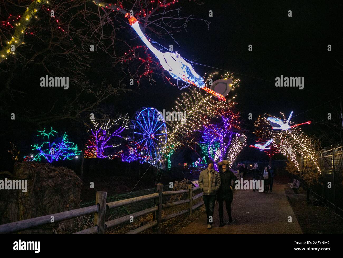 Chicago, USA. 16 Dez, 2019. Menschen besuchen den Lincoln Park Zoo Zoolights in Chicago, USA, am 16. Dezember, 2019. Zoolights ist eine jährliche Veranstaltung Weihnachten und das neue Jahr zu begrüßen. Quelle: Joel Lerner/Xinhua/Alamy leben Nachrichten Stockfoto