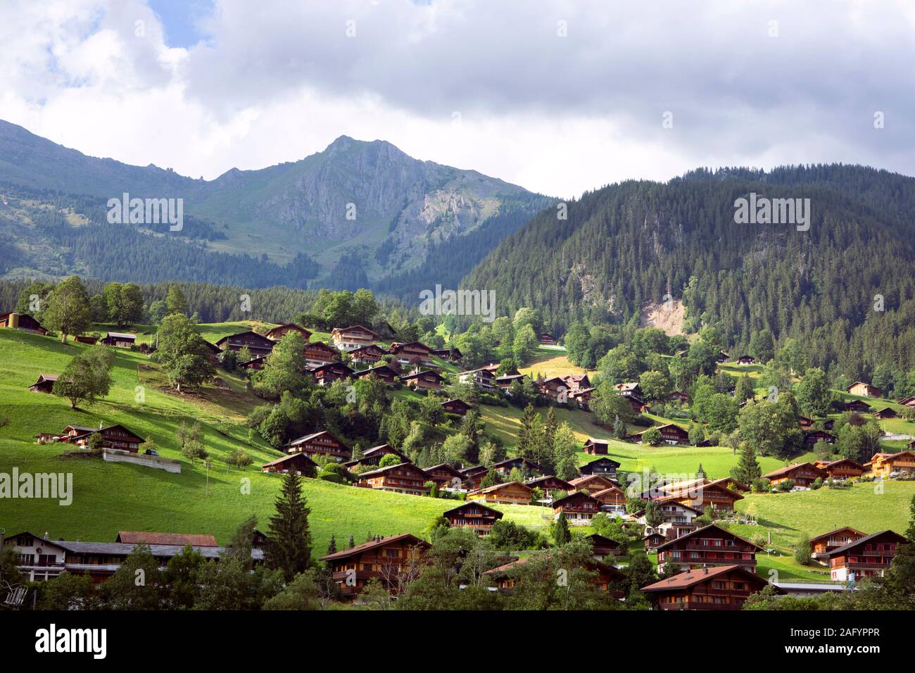 Abrechnung der traditionellen Schweizer Häuser im Tal. Landschaft, grüne Wiesen, alpine Landschaft. Holzhütten der Idylle Dorf. Schweiz Stockfoto
