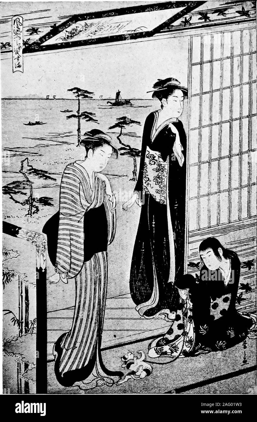 . Chats auf japanische Drucke. YEISHO. tinguishinginfrequently 5^i 53 S^57^* SJ^. YEISHI: innere Öffnung AN DER KÜSTE. Linke Blatt eines Triptychons. Gedruckt in verschiedenen Grautönen. Größe 15 x 10. Unterzeichnet Ycishi ga. Metzgar Sammlung. Platte 37. Vierter Zeitraum: Die DEKADENZ 277 plausibel Eleganz, voller und runder als hiSmasters. Seine Kurven fegen mehr offensiv andless subtil; und seine dekorative Effekte sind oftensuperb Obwohl nicht besonders komplex. Hetoo bestanden aus der Art und Weise der Kiyonaga in Steuerung gespeichertenfahrzeugtyp Utamaro; aber seine mittlere Periode ist seine mostcharacteristic. In diesem Er ma produziert Stockfoto