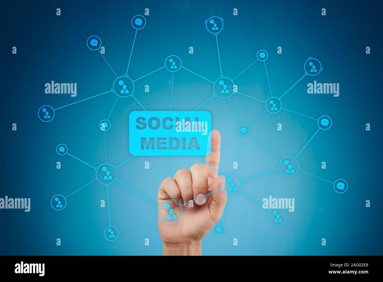 Social media Konzept auf virtuellen Bildschirm. Die globale Kommunikation Netzwerk Stockfoto