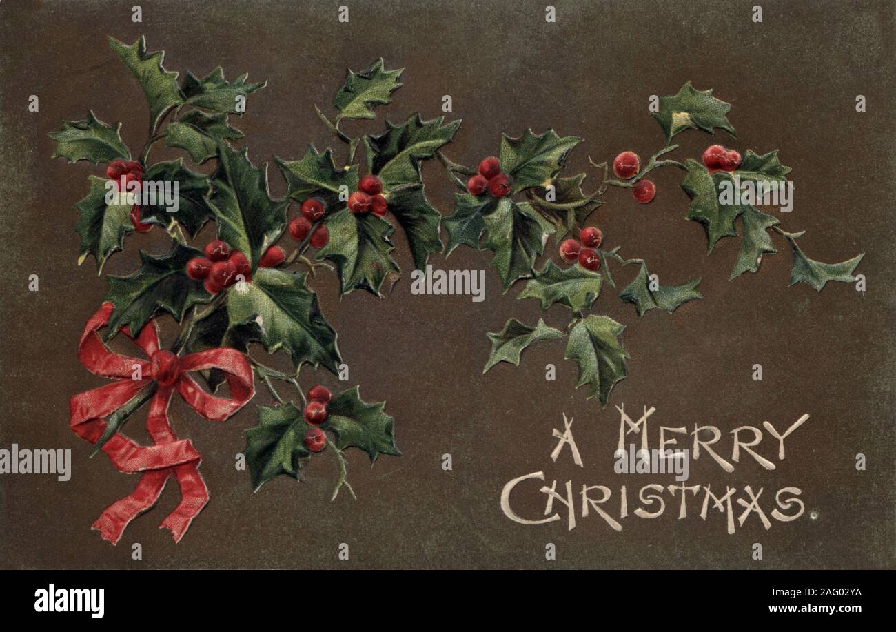 Vintage weihnachten Postkarte Grußkarte, Holly, Weihnachtsstern Stockfoto