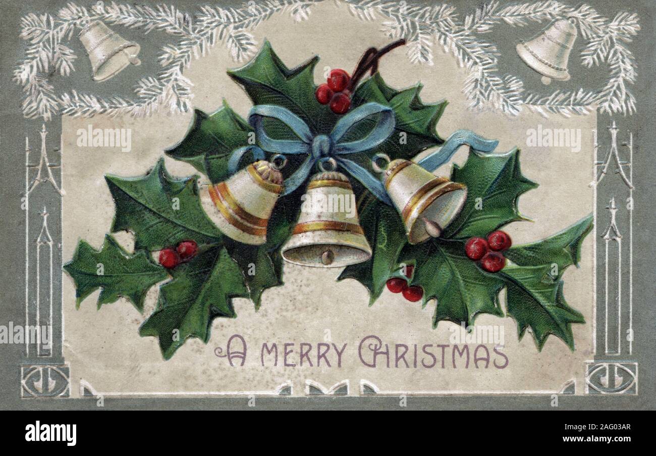 Vintage weihnachten Postkarte Grußkarte, Holly, Glocken mit Glocken Grenze Stockfoto