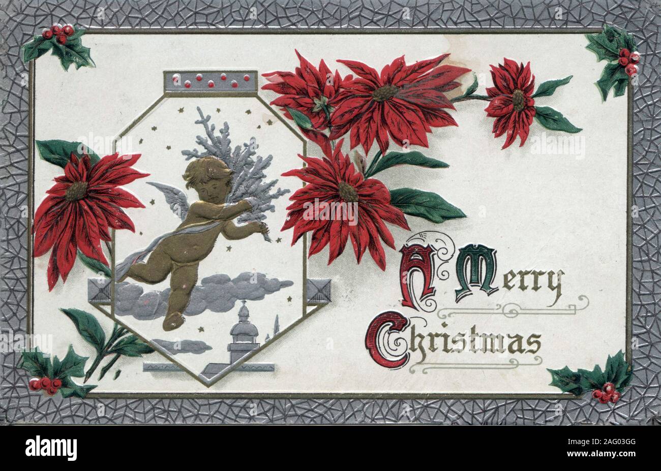 Vintage weihnachten Postkarte Grußkarte, Holly, Weihnachtsstern, Grenze Stockfoto