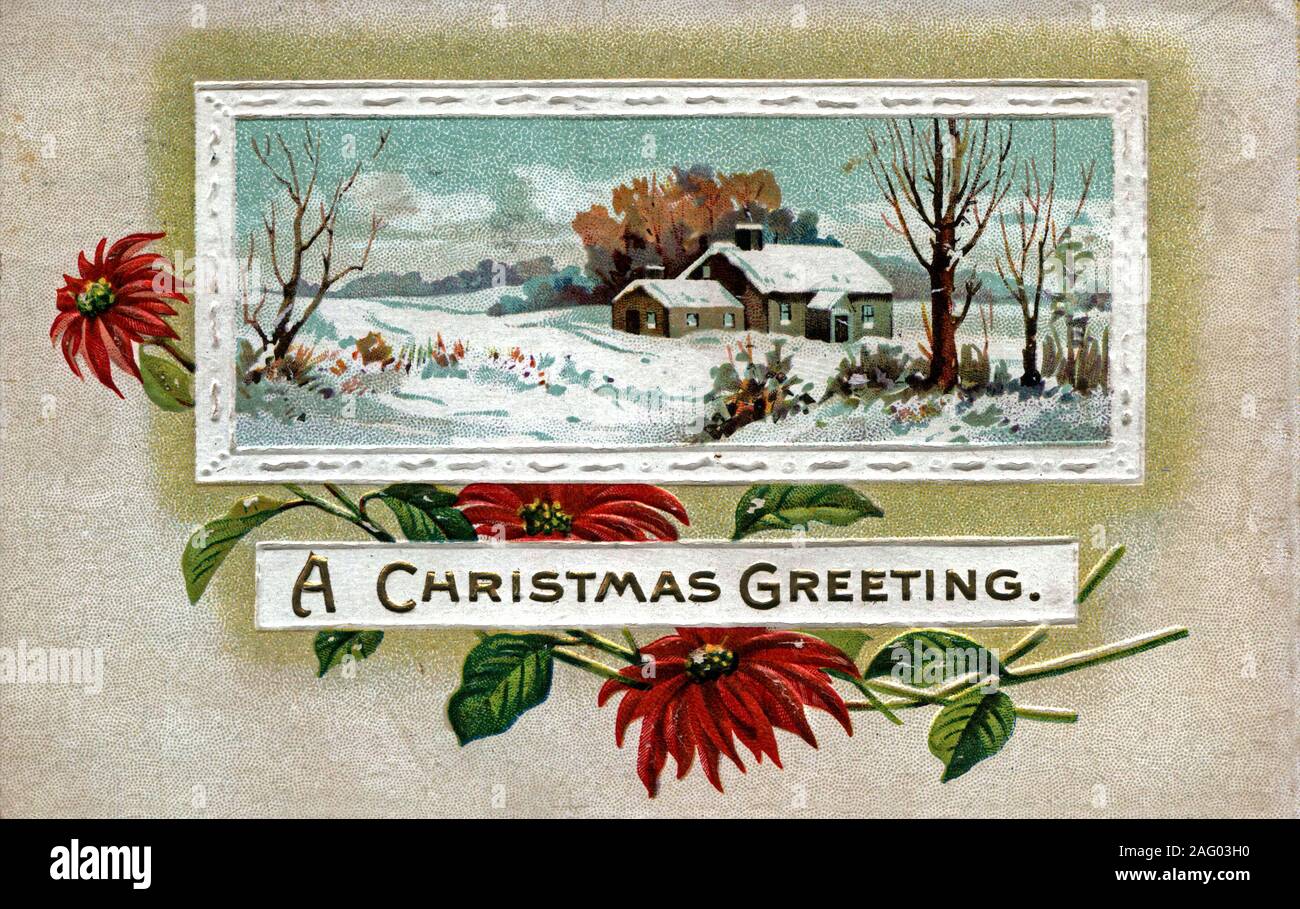 Vintage weihnachten Postkarte Grußkarte, Weihnachtsstern, ländlichen Scenic gerahmt Stockfoto