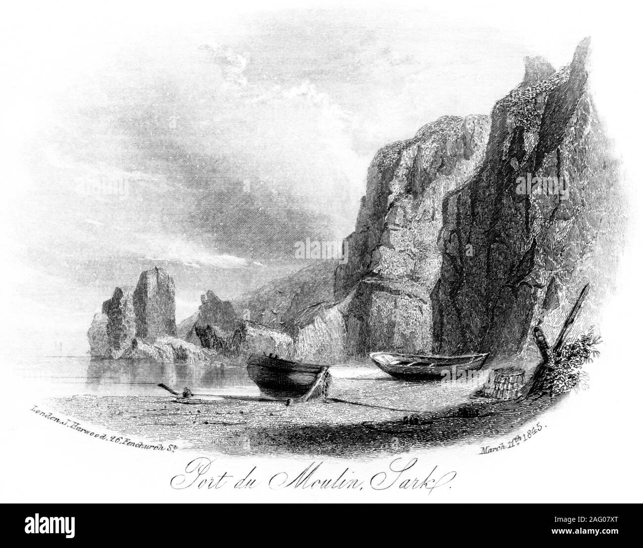 Ein Kupferstich von Port du Moulin, Sark vom 11. März 1845 gescannt und in hoher Auflösung. Glaubten copyright frei. Stockfoto