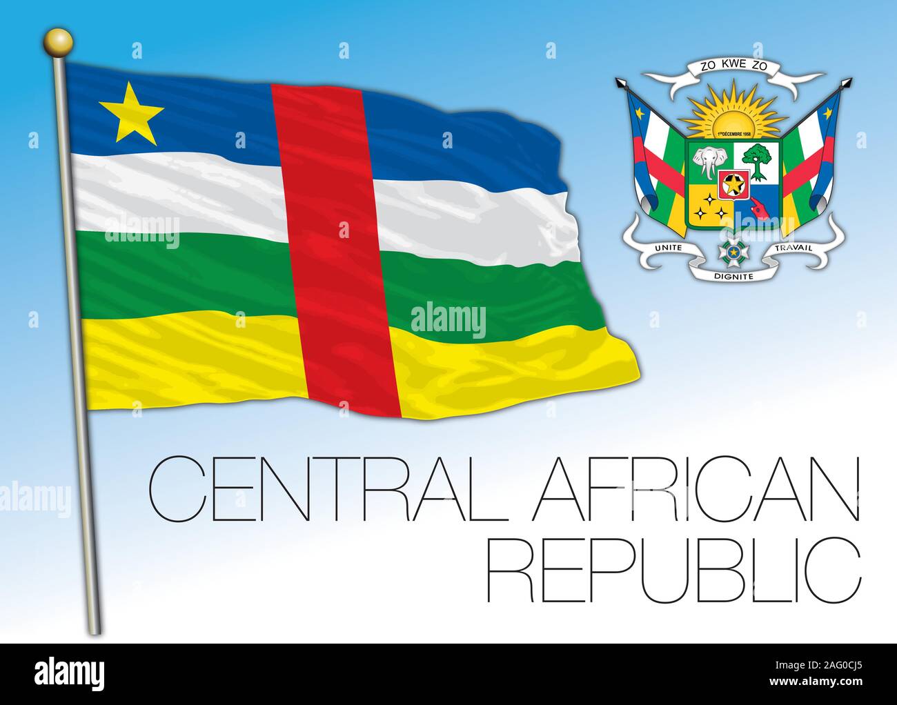 Zentralafrikanische Republik Flagge und Wappen, die afrikanische Länder sind, Vector Illustration Stock Vektor