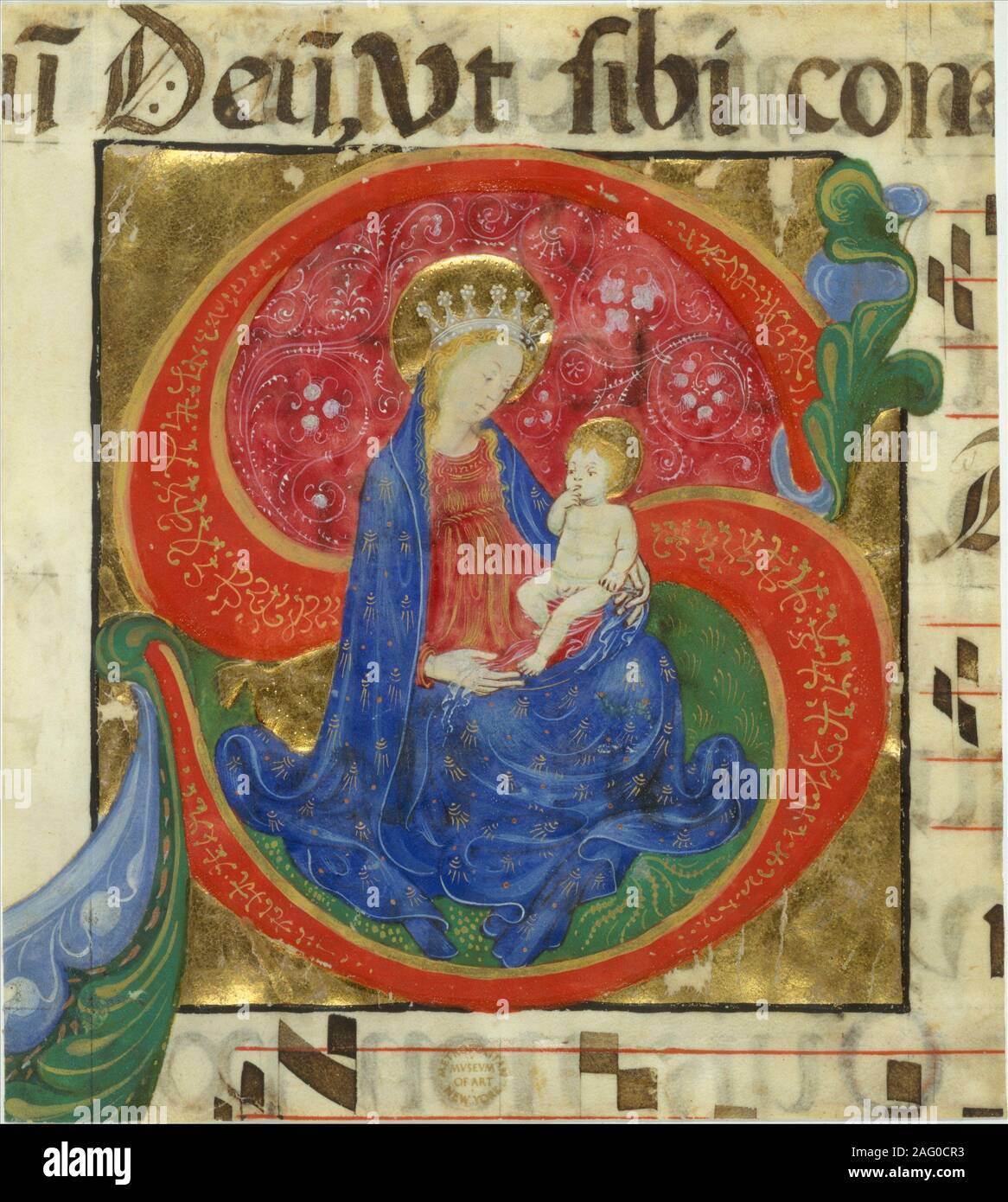 Manuskript Beleuchtung mit der Jungfrau mit dem Kind in einer ersten S, aus einem Antiphonar, Mitte des 15. Jahrhunderts. Stockfoto