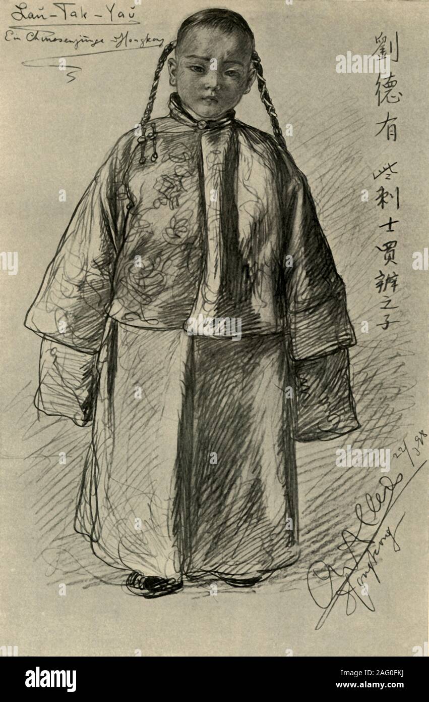 Lan-Tak-Yau - Chinese, Hongkong, 1898. Porträt eines Kindes tragen Pigtails und seidene Roben. "Lan-Tak-Yau, ein Chinesenjunge, Hongkong. Von "Rund um die Erde" [um die Erde], geschrieben und durch C. W. Allers dargestellt. [Union Deutsche Verlagsgesellschaft, Stuttgart, 1898] Stockfoto