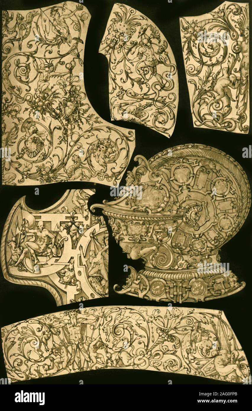 Deutsche Renaissance Metallarbeiten, (1898). "Abb. 1-6:. Darstellungen von Rüstung aus dem Kabinett der Handzeichnungen Meister in München... viele Waffen und Rüstungen verändern, die Oberflächen sind, mit wunderbaren Scharfsinn und unendliche Vielfalt, mit Blättern - Arbeit, Rahmen gestaltet - Arbeit und Gurt - Arbeit, waren ... für eine lange Zeit geglaubt, Werke der größten italienischen Meister, die dachten, waren sie vor allem am Französischen Hof gemacht zu haben. Vor einigen Jahren, aber die überraschende Entdeckung gemacht, dass die meisten und besten dieser Objekte waren deutscher Herkunft, Deutsche Meister, vor allem in b Stockfoto
