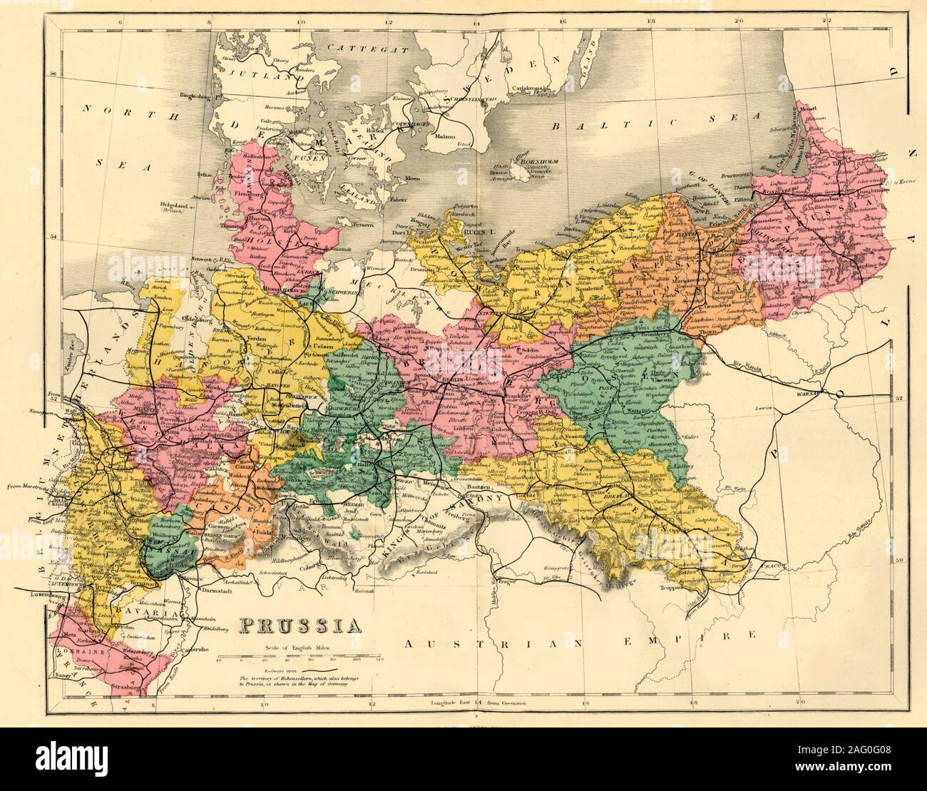 Karte von Preußen, c 1872. Zeigt die verschiedenen Regionen, einschließlich Holstein, Hannover, Westfalen, Niederrhein, Lothringen, Nassau, Cassel, Sachsen, Brandedburg, Schlesien, Pommern, Westpreußen, Ostpreußen und Posen. Von "Der deutsch-französische Krieg: seine Ursachen, Ereignisse und Folgen", Band I, vom Kapitän H M Hozier. [William Mackenzie, London, 1872] Stockfoto