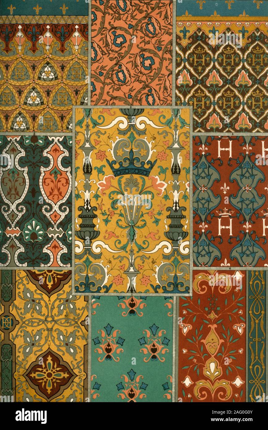 Der französischen Renaissance Teppich Malerei, (1898). Details aus der  Wände wie Teppiche oder Wandbehänge aus: "Abb. 1-9:. Gemalte Teppich -  Muster auf Schloss Blois [Ch&#xe2; Château de Blois] aus der Zeit von