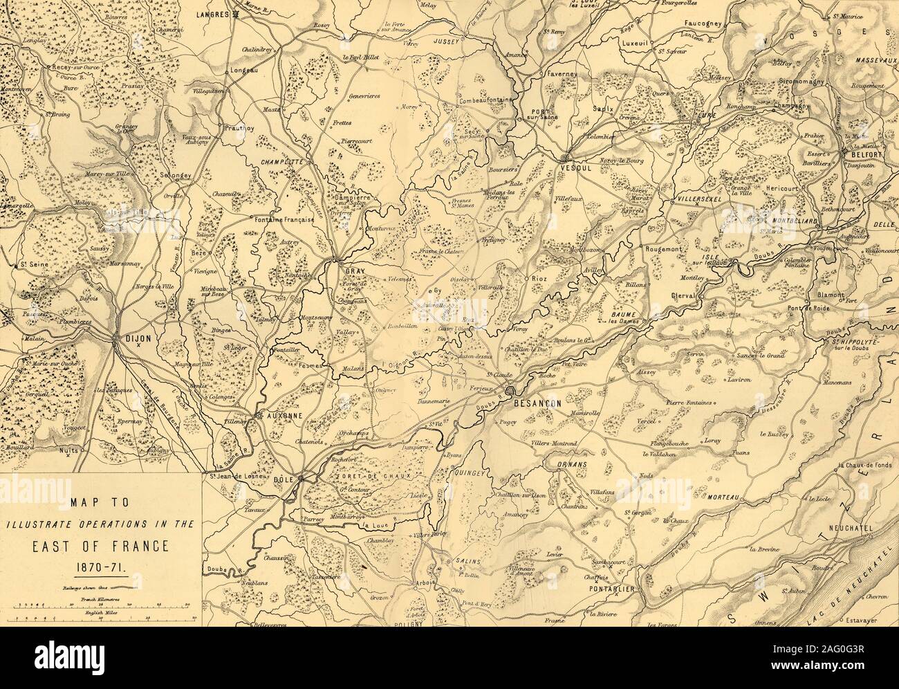 'Map zu veranschaulichen Operationen im Osten von Frankreich 1870-71', (c 1872). Karte: 'Drawn unter der Oberaufsicht von Kapitän Hozier', den Städten Dijon und Besan&#xe7; auf. Von "Der deutsch-französische Krieg: seine Ursachen, Ereignisse und Folgen", Band II, vom Kapitän H M Hozier. [William Mackenzie, London, 1872] Stockfoto