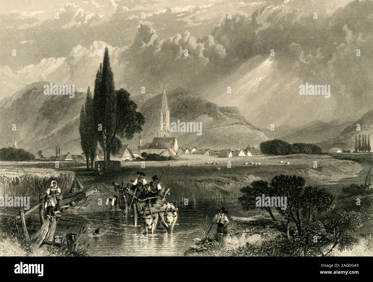'Freiburg', c 1872. Ansicht eines Ford auf der Dreisam River und die Stadt Freiburg im Breisgau, Deutschland. Von "Der deutsch-französische Krieg: seine Ursachen, Ereignisse und Folgen", Band II, vom Kapitän H M Hozier. [William Mackenzie, London, 1872] Stockfoto