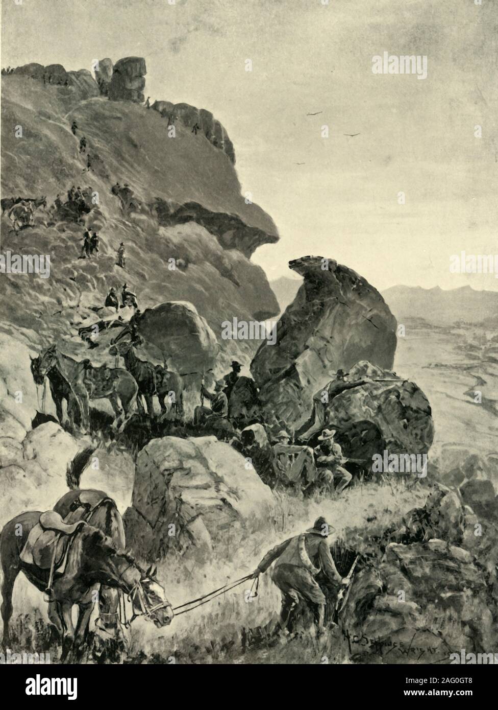 "Prinsloo's Last Stand in das Tal des Kleinen Caledon: Die Buren' Position auf den Höhen", 1901. Hendrik Frederik Prinsloo (1861-1900) die Boer Carolina Commando Infanterieregiment in ihrer letzten Position geboten vor der Kapitulation am 30. Juli 1900. Von "Südafrika, Transvaal Krieg, Vol. VI", von Louis Creswicke. [T. C.&amp; E.C.-Buchse, Edinburgh, 1901] Stockfoto