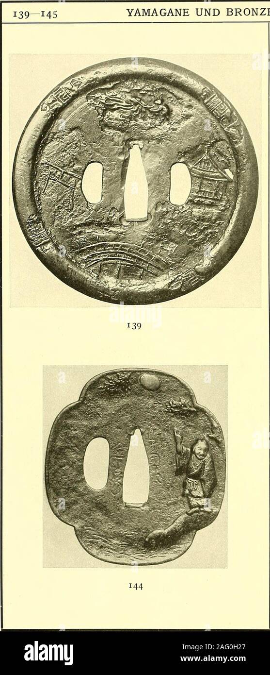 . Pfister und Stichblätter Schwertzieraten: Sammlung Georg Oeder, Düsseldorf: [Katalog]. BRONZE 134 Tsuba aus Bronze, mit gelblicher ver- Stärktem unregelmäßigen Rand; inden vier Ecken aoiförmige Niederländisch-brechungen, oben, unten und links jeein durchbrochenes Blütenwappen, das imFelde Gravierungin Mitsudomoe in vielfacher Wiederholung. 75. Jahr- hundert. (Abb.) 135 Tsuba aus brauner Bronze, mit WUL-stigem Rand und Gepunzten Spiralen. Das Tsuba ist aus zwei Blechen zu-sammengeschmiedet und der Randhohl. Um den Spiegel nagelkopf - ähnlich herausgetriebene Verzierun-gen. 16. Jahrh. 136 Tsuba aus s Stockfoto