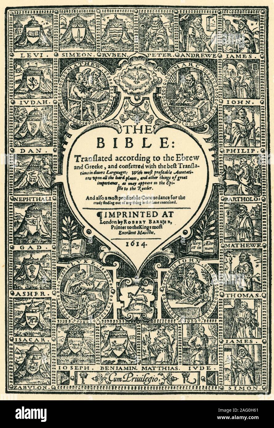 "Titel Seite der Genfer Bibel", 1614, (1943). Die "Geneva" Version der Bibel ist bedeutend, weil es die erste war mechanisch gedruckt, die Bibel in englischer Sprache, die direkt an die Öffentlichkeit in Großbritannien zur Verfügung hergestellt wurde. In Schottland, im Jahre 1579 wurde ein Gesetz verabschiedet, wonach jeder Haushalt genügend Mittel, um ein Exemplar zu kaufen. Dies war eine komplette Veränderung von der vorherigen Position des Staates, Drucken oder Veröffentlichen in der Bibel nichts anderes als Latein ein Verbrechen mit dem Tode bestraft. Veröffentlicht von Robert Barker, Drucker zu König James I, (London, 1614). Von "Die Stockfoto