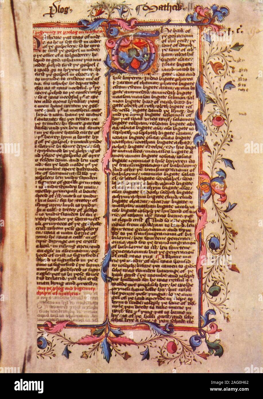 "Erste Seite des Matthäusevangeliums", aus dem 15. Jahrhundert, (1943). Seite einer Bilderhandschrift aus der Übersetzung der Bibel in die Mitte Englisch, unter der Leitung von John Wycliffe gemacht. Das Manuskript ist in der Sammlung der Uni Bibliothek, Cambridge. Von "Die englische Bibel", von Sir Herbert Grierson. [Collins, London, 1943] Stockfoto