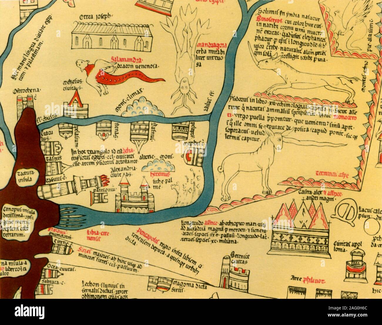 "Hereford Weltkarte, c 1280", (1944). Detail zeigt die Mittelmeerküste und das Nildelta in Ägypten. Der Leuchtturm in Alexandria, mit Flammen abzuschließen, kann neben der Mündung des Flusses Nil gesehen werden. Außerdem abgebildet sind Fabelwesen wie die geflügelte Salamander, Einhorn oder camelopardalis, mandragora, sowie einen echten Nashörner. Teil der Hereford Mappa Mundi in Hereford Cathedral. Richard De Bello, die Hereford Mappa Mundi, auf einem einzigen Blatt Pergament gezeichnet zugeschrieben wird, ist die größte bekannte bestehende mittelalterliche Karte. Von "britische Karten und Map-Makers", von Edward Ly Stockfoto