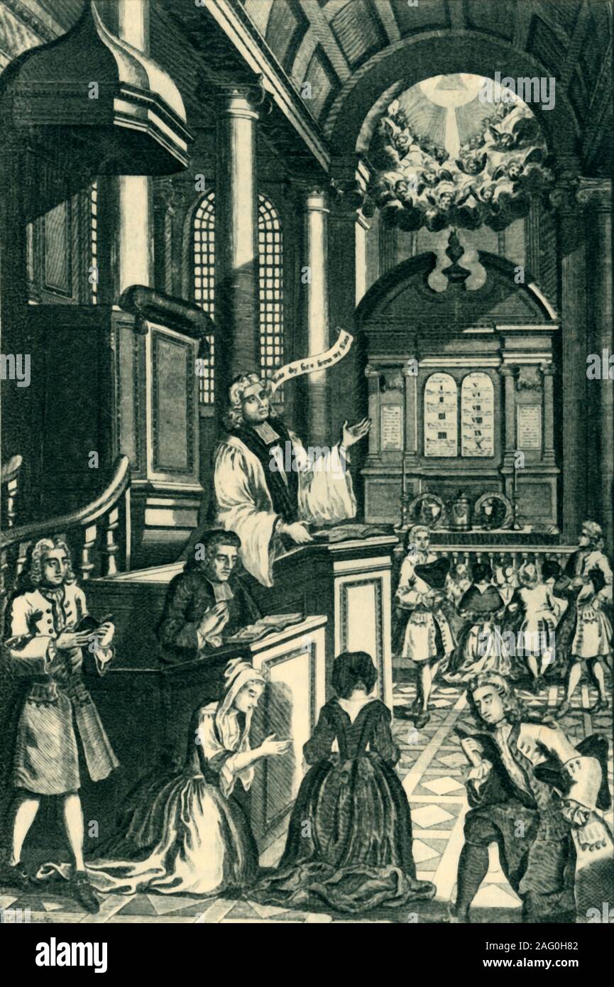 "Ein Gottesdienst', c 1700, (1947). Anbeter knien vor der Kanzel. Der Pfarrer sagt "Verbirg dein Antlitz von meinen Sünden', aus dem Psalm 51:9. Von "Englische Hymnen und Hymne Schriftsteller", von Adam Fox. [Collins, London, 1947] Stockfoto