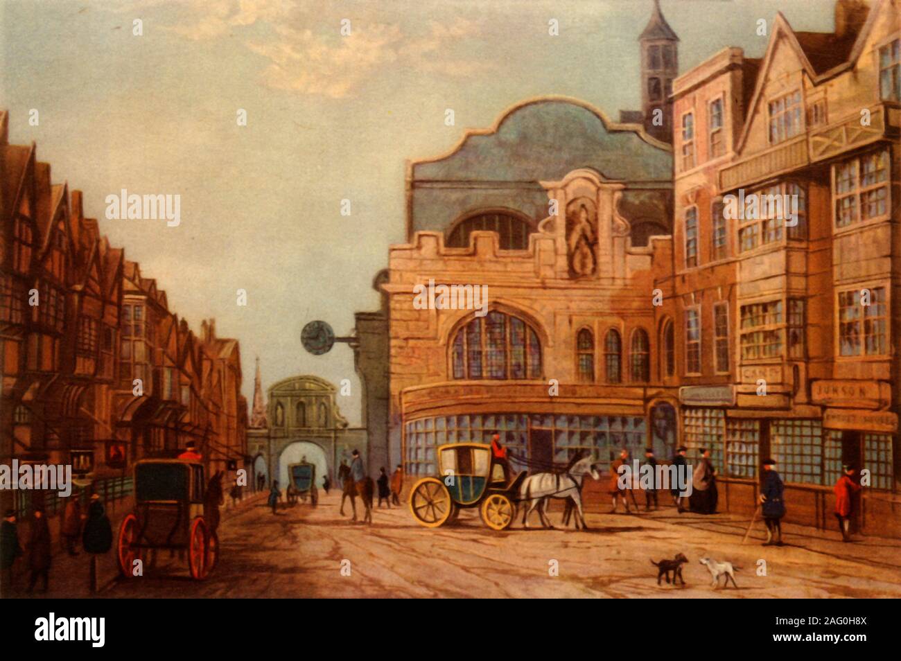 Temple Bar und St. Dunstan's Church', c 1750 (1945). Ansicht der Fleet Street in der City von London, mit der mittelalterlichen Kirche St. Dunstan-in-der-West im Zentrum. Es wurde im 19. Jh. abgerissen. Zu Beginn des 16. Jahrhunderts, Fleet Street wurde als Zentrum des Druck- und Verlagswesen in London bekannt. Vom 20. Jahrhundert, die meisten britischen nationalen Zeitungen hatten Büros hier. Viele der Zeitungen, die in den 1980er Jahren nach billiger Fertigung in Wapping begann. Von "britische Journalisten und Zeitungen", von Derek Hudson. [Collins, London, 1945] Stockfoto