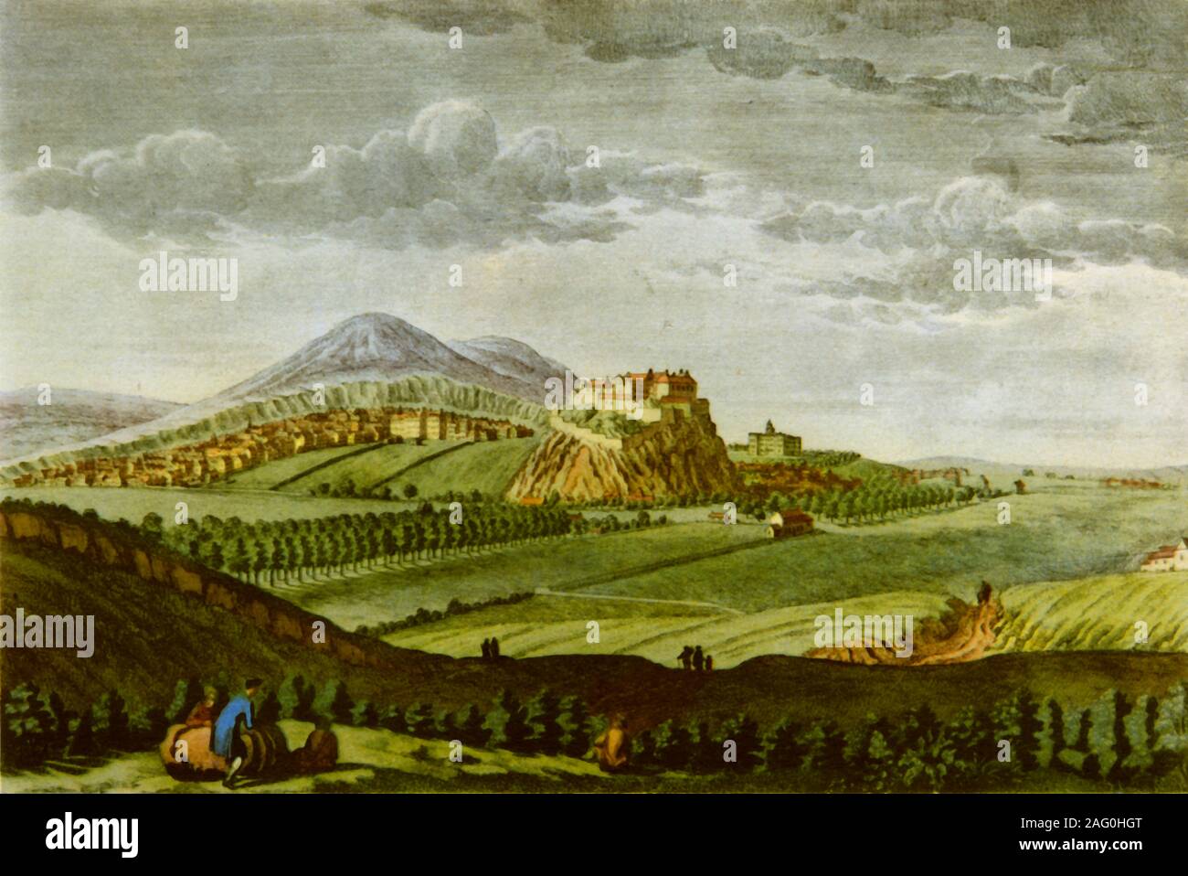 "Edinburgh aus dem Westen, in der Zeit von David Hume', c 1750 (1943). Blick auf die schottische Hauptstadt Edinburgh Castle und Arthur's Seat. David Hume (1711-1776) war ein schottischer Aufklärer. Von "britischen Philosophen', von Kenneth Matthews. [Collins, London, 1943] Stockfoto