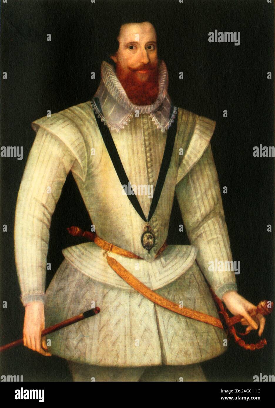 Robert Devereux, c 1596-1601, (1944). Porträt von Robert Devereux, 2nd Earl of Essex (1565-1601), englischer Edelmann, Soldat, höfling und Liebling der Elizabeth I. Devereux wurde unter Hausarrest nach einem schlechten Kampagne in Irland während der neun Jahre "Krieg im Jahre 1599 gelegt. Im Jahre 1601, führte er einen missglückten Staatsstreich&#xe9;Tat gegen die Regierung und wurde wegen Hochverrats hingerichtet. Von "Britische Soldaten", von S. H.F. Johnston. [Collins, London, 1944] Stockfoto