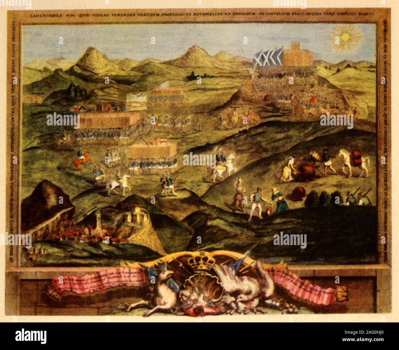 "Die Schlacht von carberry Hill, 1567', c 1742, (1944). "Die Battle-Array der Carberry-Hill in der Nähe von Edinburgh mit der Kapitulation von Maria Stuart, die Konföderierten Herren von Schottland, und die Flucht von Earl Bothwell'. Die Schlacht fand in der Nähe von Musselburgh, East Lothian, Schottland, und wurde zwischen Truppen der die schottische Königin Mary gekämpft, und diejenigen, die ihr gegen nach ihrer Heirat mit dem Grafen von Bothwell. Maria, ein Pferd reiten, kann unterhalb des Schottischen saltire Fahnen gesehen werden. Die Stadt Edinburgh ist links unten. Von "Schlachtfelder in Großbritannien", die von C. V. Wedgwood. [Collins, London, 1944] Stockfoto